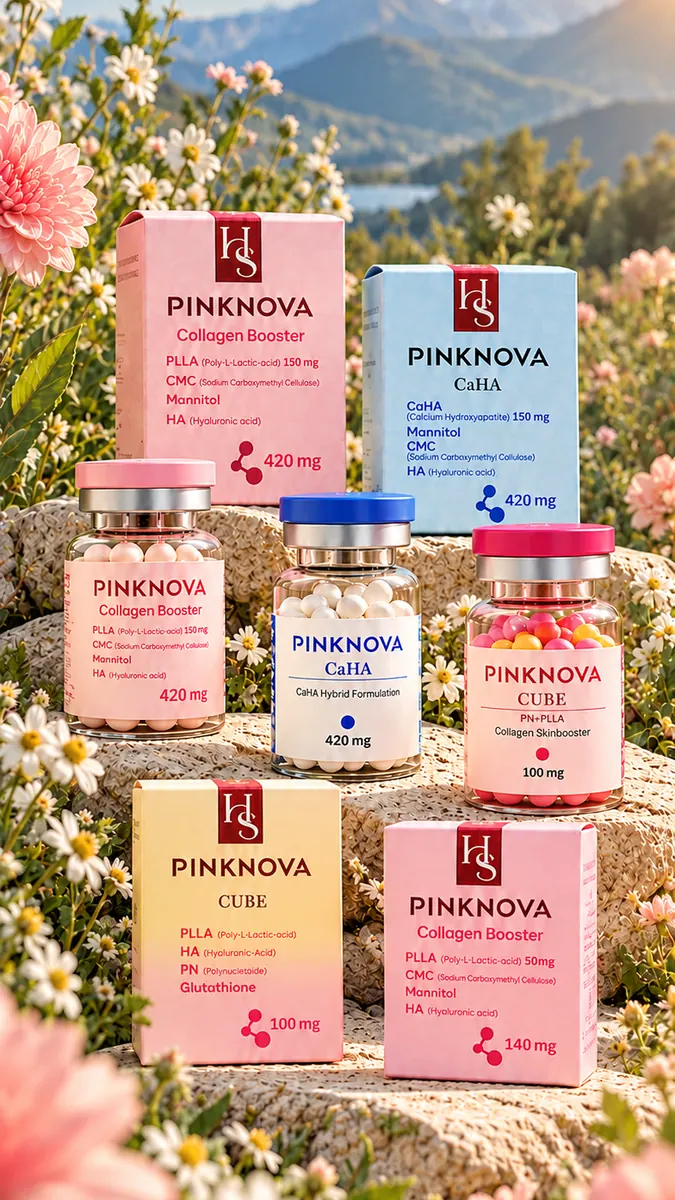 Вся линия PINKNOVA на камне среди цветов